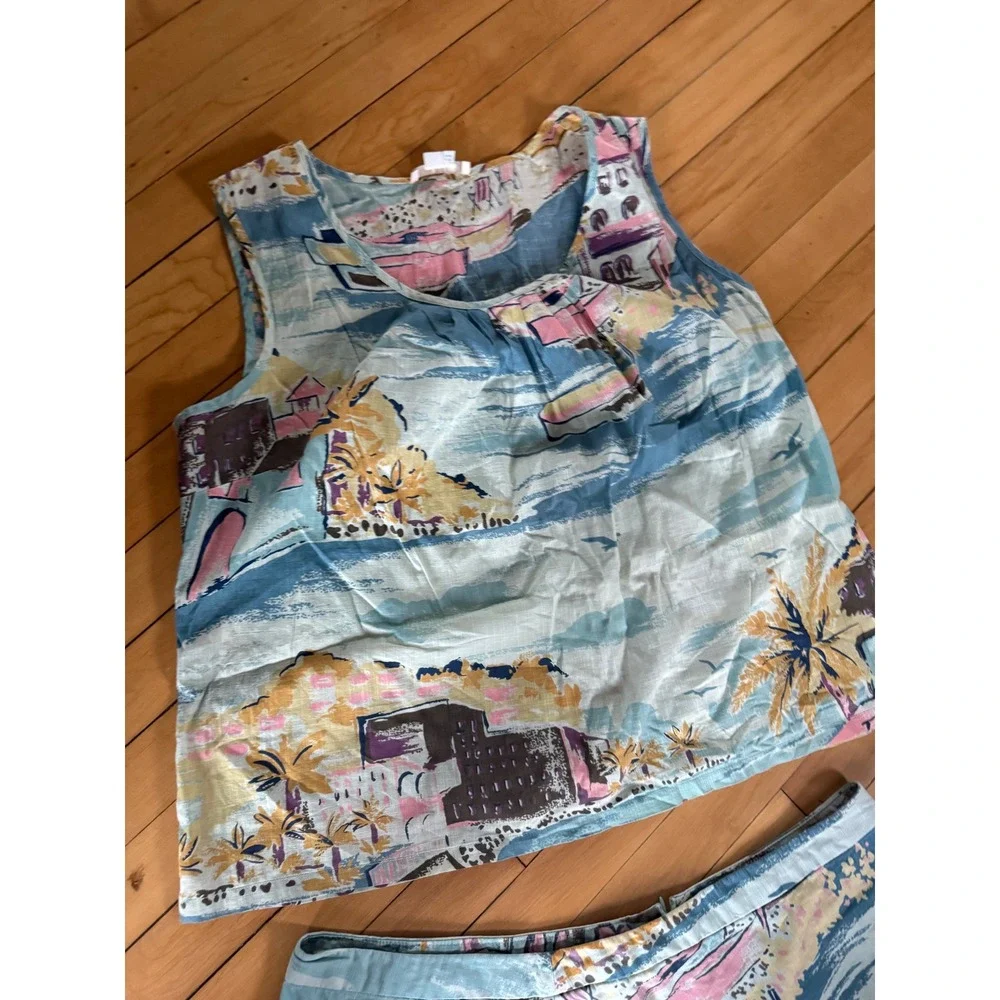 Boden Women Tropical Coastal Print Cotton 2 Piece Set Top Skirt Blue US 18